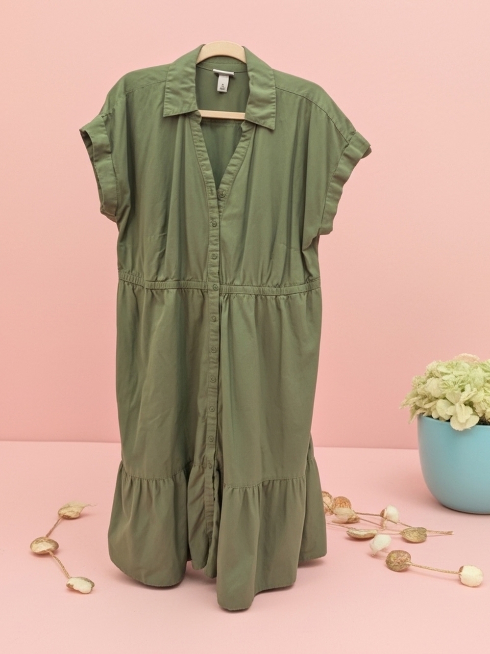Olive Green Button-Front Midi Shirt Dress